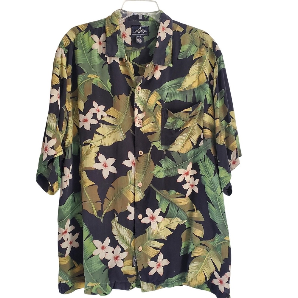 Bermuda Bay Shirt Mens L Loop‎ Collar Black Floral Silk Hawaiian Camp
